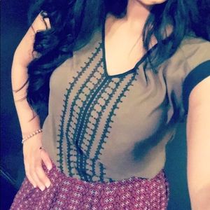 Roll Sleeve Pattern V Neck Blouse